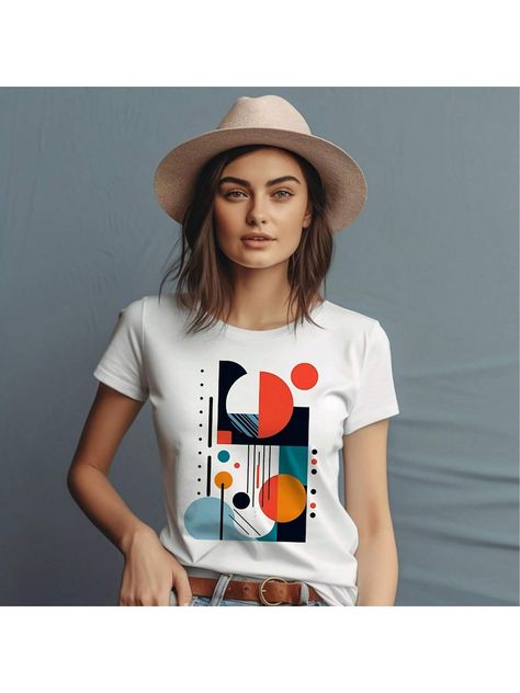 Abstract Shapes Modern Art T-Shirt, Art Tee, Abstract Shirt, Calder Tshirt White Casual  Short Sleeve Knitted Fabric Cartoon,Graphic  Slight Stretch All Women Clothing, size features are:Bust: ,Length: ,Sleeve Length: Abstract Tshirt Design, Screen Printing Motifs, Abstract T Shirt, Cricut Htv, Christmas Shirt Ideas, Abstract Shirt, Easy Drawing Tutorial, Illustration Simple, Design Mandala