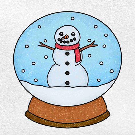 How to Draw a Snow Globe - HelloArtsy Christmas Snow Globe Drawing, Easy Christmas Drawings For Kids, Snow Globe Drawing, Easy Snow Globes, Christmas Drawings For Kids, Globe Drawing, Scarf Drawing, Draw Christmas, Easy Christmas Drawings