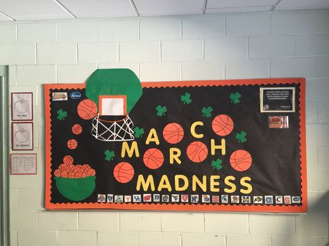 March madness and st pattys day bulletin board! I love my job :) March Madness Classroom Door, March Madness Bulletin Board Ideas, Ball Crafts For Preschoolers, March Madness Crafts, March Madness Bulletin Board, Basketball Bulletin Boards, March Bulletin Board Ideas, March Madness Books, After School Daycare