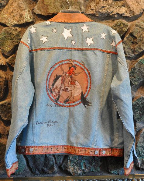 Stagecoach Outfits, Western Jean Jacket, Jean Jacket Design, Denim Jacket Embroidery, Bucking Horse, Custom Jean Jacket, Diy Denim Jacket, Custom Denim Jacket, Painted Denim Jacket