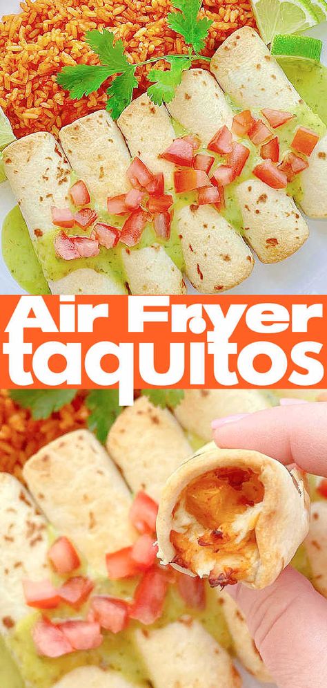 Air Fryer Taquitos | Foodtastic Mom #airfryerrecipes #taquitoschicken #taquitosinairfryer #airfryertaquitos via @foodtasticmom Breakfast Taquitos Air Fryer, Easy Chicken Taquitos Air Fryer, Air Fry Taquitos Frozen, Taquitos Air Fryer, Shredded Chicken Taquitos Air Fryer, Cream Cheese And Chicken, Air Fryer Chicken Taquitos Food Network, Air Fryer Taquitos, Breakfast Taquitos