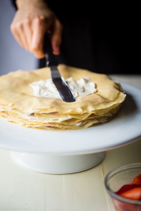 Strawberry Lemon Paleo Crepe Cake with Coconut Cream - This cake is made out of paleo crepes layered with rich, sweet lemon coconut cream and fresh strawberries. It's a gluten free dessert, that's perfect for a spring brunch or Mothers day! | Foodfaithfitness.com | @FoodFaithFit Crepe Recipe Filling, Paleo Crepes, Crepes Cake, Lemon Crepes, Crepe Cake Recipe, Lemon Ricotta Cake, Cake With Strawberries, Ricotta Cake, Layered Desserts