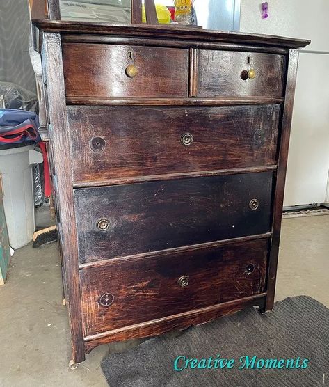 Classic and timeless are the 2 words next to gorgeous that are used for this antique dresser makeover. Do you agree? This antique dresser purchased along with this  super sweet dresser refinished in warm white are both over 100 years old and each well used over those years.It was scrubbed inside and out to remove years of build up and get all the surfaces clean using Dixie Belle white lightning cleaner in a bucket of warm water and a bit of dawn. I scrub well with… Black Antique Dresser, Antique Dresser Makeover, Dresser Upcycle, Stained Dresser, Two Tone Dresser, Repainting Furniture, Dresser Refinish, Refinish Furniture, Dresser Redo