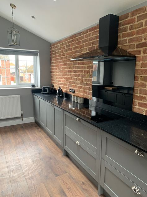 Brick Slips Kitchen, Howdens Kitchen, Lounge Diner, Brick Feature Wall, Howdens Kitchens, Bricks Wall, Brick Slips, Open Plan Kitchen Dining Living, Open Plan Kitchen Dining