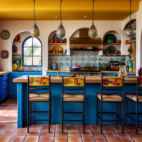 20 Colorful Mexican Inspired Design and Decor Ideas - Rhythm of the Home Mexican Kitchen Modern, Mexican Kitchen Aesthetic, Mexican Style Homes Interior Design, Mexican Colors Walls, Contemporary Mexican Interior Design, Mexican Decor Kitchen, Hacienda Style Homes Mexican Kitchen, Mexican Kitchen Decor Modern, Mexican House Aesthetic