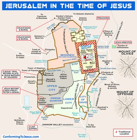 Learn what Jerusalem looked like in the New Testament times of the 1st century A.D. when Jesus walked on this earth and where some of the events of Jesus' life took place. Discover what happened to Jerusalem when Jesus went back to the Father and learn about the events that led to its destruction at the hand of the Roman army with the help of our Map of Jerusalem in the Time of Jesus. Biblical Maps, Jewish Temple, Roman Army, Bible Mapping, Bible History, The New Testament, Print Map, Bible Study Tools, 1st Century