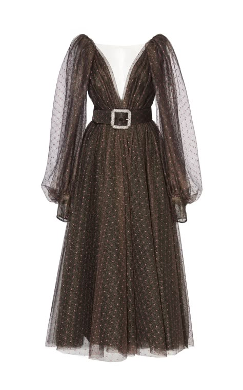 Monique Lhuillier Lurex Dot Lace Deep V-Neck Bishop Sleeve Dress W/ Belt Brown Long Dress Outfit, Printed Top Outfit, Brown Long Dress, Polyvore Clothes, Bishop Sleeve Dress, Lurex Dress, Minimal Wardrobe, Classy Dresses, Looks Country