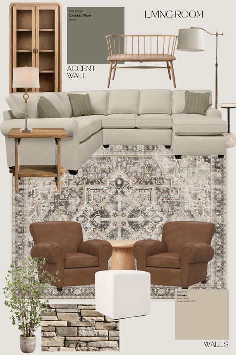 Long Formal Living Room Layout, French Country Living Room Mood Board, Neutral And Sage Green Living Room, Muted Living Room Decor, Organic Modern Decor Gray Couch, Living Room Seating For 10, Modern Country Style Interior Design, Neutral Living Room Palette, Earth Tone Farmhouse Living Room