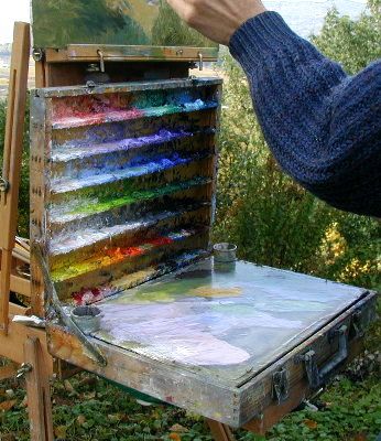 Unique plein air palette - WetCanvas: Online Living for Artists Artist Palettes, Plein Air Easel, Painting Equipment, Artist Workspace, Painters Studio, Palette Organizer, Outdoor Painting, Pochade Box, Oil Painting Tips