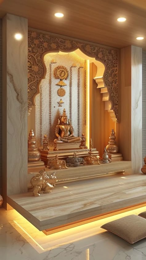 Pooja Mandir Decoration Ideas, Mandir Interior Design Puja Room, Home Temple Ideas Puja Room Hindus, Pooja Unit Designs In Living Room, Puja Room Design Indian Traditional, Home Pooja Room Ideas, Pooja Ghar Ideas, Puja Ghar Design, Dev Ghar Design