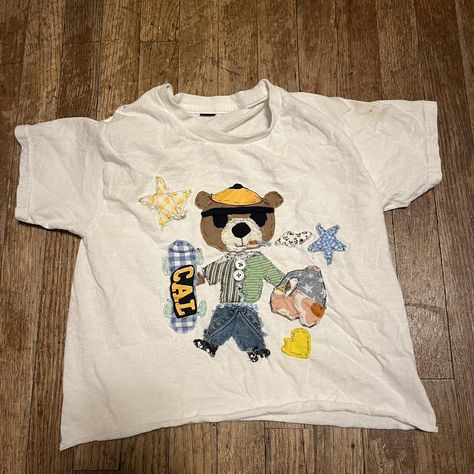 cal stoner bear shirt// dm for custom patchwork... - Depop Patch Work Shirts Women, Cool Upcycled Clothes, College Patchwork Shirt, Shirt Applique Ideas, Patch Shirt Ideas, Patch Work Shirts, Bleach Painting Shirt, Patchwork Shirt Diy, Patch Work Shirt