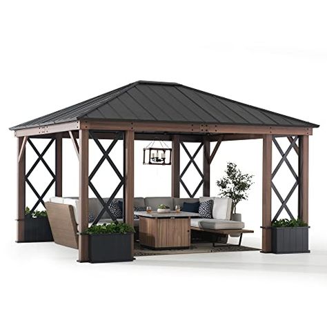 Sunjoy 13 ft. x 15 ft. Hardtop Gazebo, Outdoor Black Steel Roof Gazebo Aluminum Framed Gazebo with Planters and Ceiling Hook for Patio, Garden, and Backyard Activities by SummerCove Black Steel Roof, Rectangle Gazebo, Modern Gazebo, Backyard Activities, Steel Roof, Hardtop Gazebo, Gazebo Pergola, Garden Patio Furniture, Amazon Home