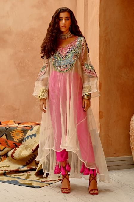 Buy Pink Inner And Pant Silk Embroidered Dori Floral Afghani Kurta Set For Women by Pallavi Jaipur Online at Aza Fashions. Transparent Kurti Design, Transparent Kurti, Organza Kurti Designs, Cape Organza, Dori Embroidery, Tissue Fabric, Silk Kurti Designs, Silk Cape, Zardozi Work