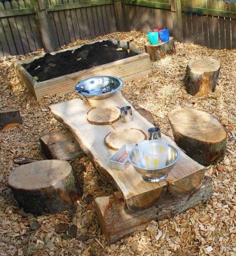 Add some seating and some kind of table surface and your mud kitchen can start serving up customers! This encourages more social play between multiple children, as they can take it in turns to role-play the chefs and the customers. Natural Play Spaces, Outdoor Kids Play Area, Outdoor Play Space, Outdoor Play Spaces, Kids Mud, Diy Mud Kitchen, Outdoor Play Areas, Kids Outdoor Play, Children Park