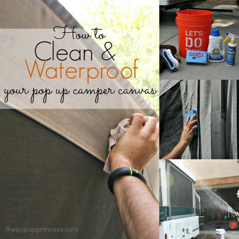 Good tips for cleaning and waterproofing the canvas on your pop up camper. Tent Trailer Remodel, Pop Up Princess, Popup Camper Remodel, Pop Up Tent Trailer, Clean Hacks, Camper Maintenance, Pop Up Trailer, Camper Hacks, Tent Campers