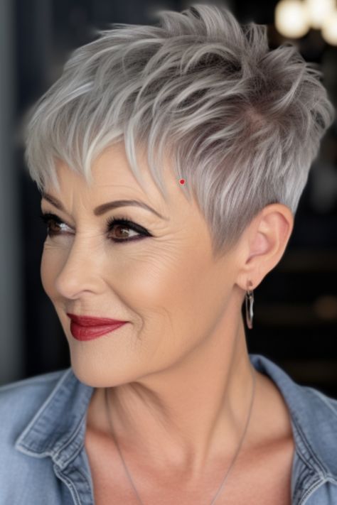 For those seeking a modern appearance consider the pixie haircut with tapered sides. This hairstyle is effortless to maintain while offering a touch, particularly suitable for those with fine hair. Click here to check out more classic short haircuts for older women. 90s Pixie, Tapered Sides, Short White Hair, Short Spiked Hair, Short Sassy Haircuts, Short Spiky Hairstyles, Short Silver Hair, Short Hair Images, Short Grey Hair