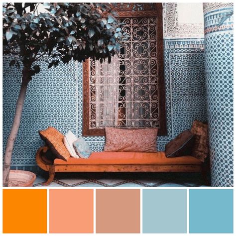 Contrasting colour scheme of orange and blue feature in this courtyard in a Moroccan riad. Arabic blue/turquoise and white tiles create a contrasting backdrop to the orange couch. Colour palette illustration by Zena O’Connor. Blue And Orange Living Room, Moroccan Colors, Deco Orange, Moroccan Riad, Orange Couch, Orange Color Schemes, Moroccan Theme, Moroccan Bedroom, Moroccan Living Room