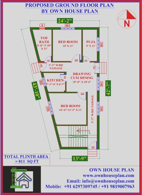 Smart House Plans, 10 Marla House Plan, Japan House Design, 20x30 House Plans, A House Plan, South Facing House, Indian Houses, 20x40 House Plans, 30x40 House Plans