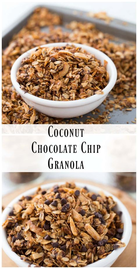 Coconut Chocolate Chip Granola - A Classic Twist Chia Granola, Coconut Granola Recipe, Cranberries Dried, Chocolate Chip Granola, Pumpkin Granola, Granola Clusters, Coconut Chia, Dried Pineapple, Yogurt Breakfast