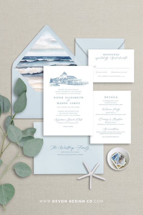 PLEASE READ... Beautiful coastal wedding invitation with a custom venue drawing of your beautiful wedding location. Add on the lovely seaside beach envelope liners to create the perfect invitation suite. I will draw your venue in the illustration style shown. I create your venue drawing by hand and then digitize it for printing.  I will need a clear photo of your venue. Curious if your photo will work? I'm happy to take a look before ordering, just reach out. Pricing includes the fee for custom venue drawing, which means that we can then use your wedding venue drawing other pieces like programs, menus, thank you cards! I love to help make your wedding stationery, a fun and easy part of your wedding planning! WHAT YOU WILL RECEIVE: * Beautiful invitations printed on high-quality, 120lb unco Elegant Coastal Wedding Invitations, Blue Wedding Invitation Suite, Beach Wedding Invitations Ideas, Coastal Wedding Ideas, Coastal Chic Wedding, Coastal Wedding Invitations, Light Blue Wedding Invitations, Early Spring Wedding, Baby Blue Weddings