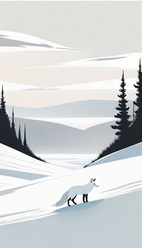 The white fox is depicted in a minimalist style, standing alone in a vast and silent wilderness. The influence of Barker can be seen in the simplicity of the fox's form and the use of muted tones. Through this illustration, the artist captures the essence of solitude and the wild beauty of the arctic landscape. Fox Winter Illustration, Winter Fox Illustration, Artic Fox Drawings, Arctic Fox Illustration, Snow Fox Art, Winter Fox Art, Arctic Illustration, Winter Screensavers, Arctic Painting