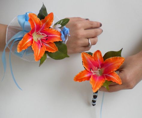 tiger lily boutonniere | Custom Order for Allison Wrist Corsage Boutonniere Set Tiger Lily Corsage, Beach Wedding Boutonniere, Lily Corsage, Wedding Decorating Ideas, Lily Boutonniere, Prom Flowers Corsage, Lapel Flowers, Wedding Boutonnieres, Corsage And Boutonniere Set