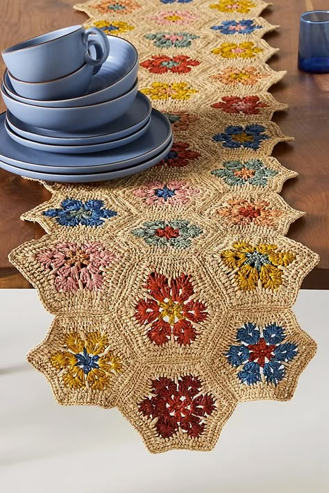 Raffia Table, Crochet Table Runner Pattern, Handmade Table Runner, Crochet Table Runner, Table Runner Pattern, Woven Raffia, Handmade Table, Cute Crochet, Room Inspo