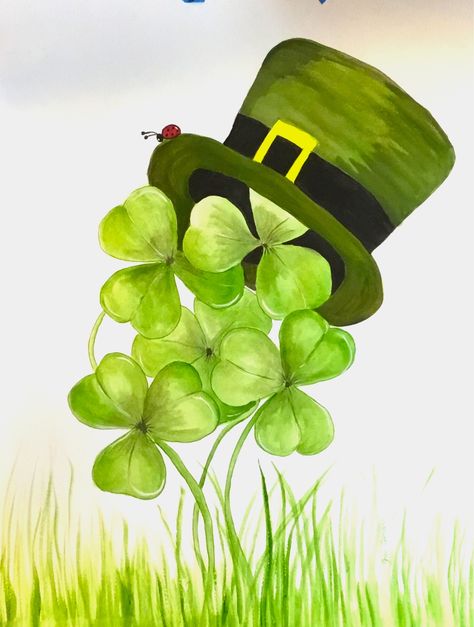 St Patricks Day Watercolor Painting, St Patricks Day Painting Ideas On Canvas, St Patrick’s Day Art, Shamrock Watercolor, Seasonal Paintings, March Painting, St Patricks Day Art, Clover Painting, March Art