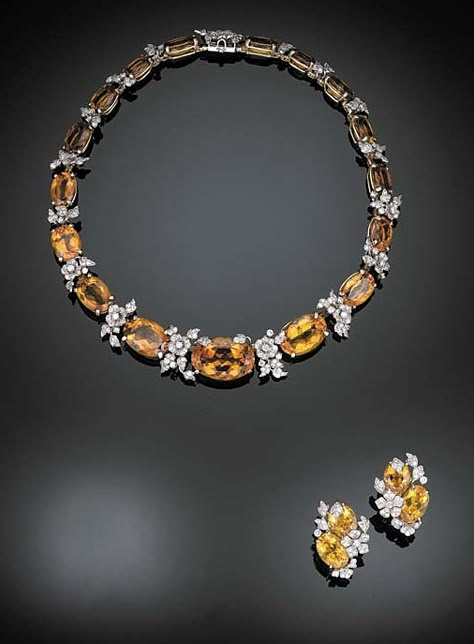 A SUITE OF CITRINE AND DIAMOND JEWELRY, BY VERDURA Designed as a graduated line of oval-cut citrines alternating with pavé-set diamond foliate terminals; and a pair of ear clips en suite, mounted in 14K yellow gold and platinum, necklace, 15 ins. Signed Verdura Platinum Necklace, Bijoux Art Deco, Wedding Playlist, Exotic Jewelry, Ear Clips, Jewellery Shop, Royal Jewelry, Fabulous Jewelry, Gorgeous Jewelry