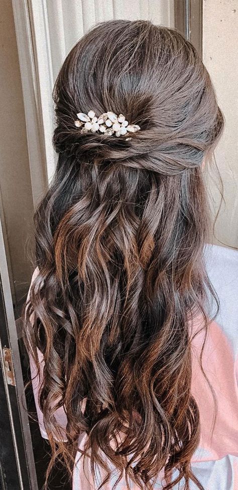 45 Beautiful half up half down hairstyles for any length : Volume with a twist Brunette Long Hair, Romantic Waves, Half Up Wedding Hair, Wedding Hair Half, Half Up Half Down Hair Prom, Bridesmaid Hairstyles Half Up Half Down, Half Up Half Down Hairstyles, Hairstyles Bridesmaid, Bridesmaid Hair Half Up