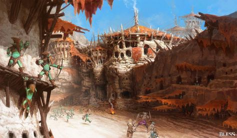 Goblin town, yasu _ on ArtStation at https://www.artstation.com/artwork/WXL2N Goblin Town, Matt Painting, Goblin City, Fantasy Settings, Artist Reference, Egypt Concept Art, Town Art, Dark Elves, Object Design