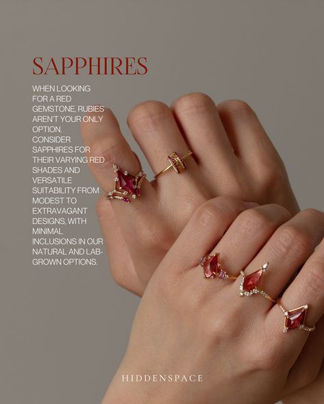 So which 𝑹𝑬𝑫 are you? Catch the details on our blog. #hiddenspace #finejewelry #uniqueengagementring #redring #rubyring #sapphirering #saltandpepperdiamondring #diamondalternative #redaesthetic #reddress #wine #redlips Red Rings, Red Sapphire, Accesories Jewelry, Pretty Rocks, Diamond Alternatives, Dream Engagement, Dream Engagement Rings, Red Gemstones, July 3