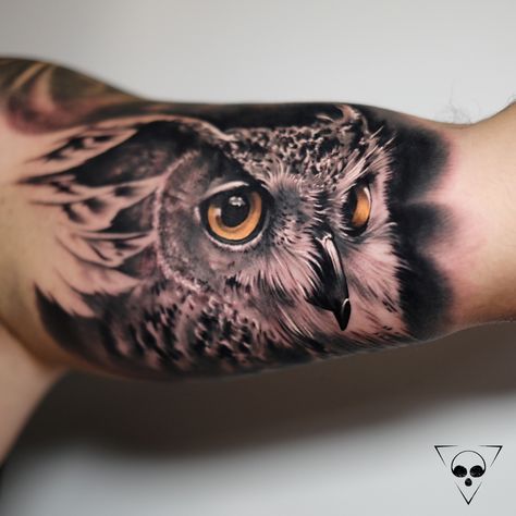 Owl Inner Bicep Tattoo, Owl Bicep Tattoo, Owl Eyes Tattoo, Owl Tattoo Men, Tattoo Bicep, Owl Eye Tattoo, Mens Owl Tattoo, Realistic Owl Tattoo, Owl Tattoo Sleeve