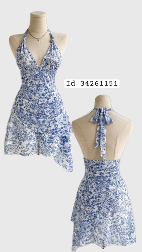 SHEIN WYWH Blue And White Vintage Floral Print V-Neck Tie-Up Mesh Ruched Romantic Vacation Women Dress Dress Romantic Vacations, Woman Dress, Walk In Wardrobe, Vintage Floral Print, Cute Fits, Women Dress, Vintage Dress, Vintage Floral, White Vintage