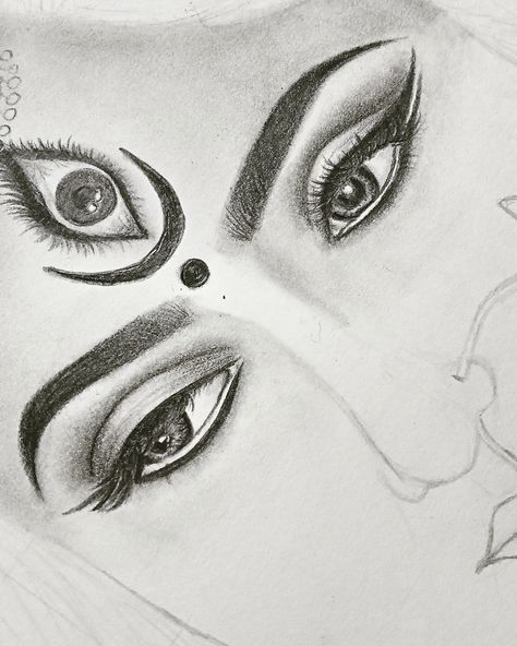 She looks my way and tells me everything, all without once opening her mouth. Durga Eyes Drawing, Maa Durga Drawing Sketch Realistic, Durga Maa Eyes, Mataji Sketch, Durga Maa Drawing Pencil, Radha Sketch, Goddess Drawing Reference, Goddess Sketch, Eye Pencil Sketch