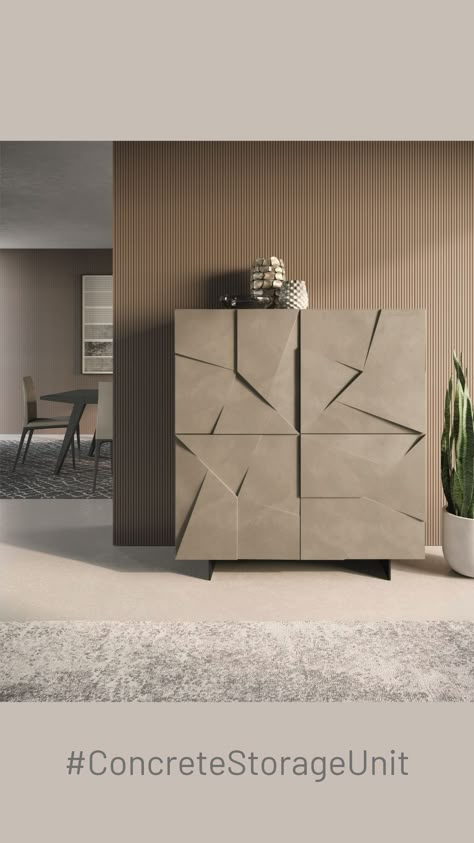 The uniqueness of the Concrete container lies in its faceted doors, which create elegant origami that play with grooves, cuts and slants. it is available in matt lacquer, concrete effect lacquer, metallic lacquer and oxide. Dimensions: H.1500 L.1280 D.497 mm #DALivingCollection #ConcreteStorageUnit Origami Storage, Concrete Storage, Concrete Containers, Crockery Unit, Minimal Furniture, Small Apartment Design, Behind The Glass, Modern Sideboard, Interior Wall Design