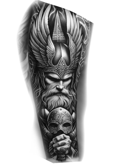 Cover Up Tattoos For Men Forearm, Half Sleeve Tattoos For Guys Forearm, Viking Style Tattoo, Angel Tattoo Arm, Valhalla Tattoo, Odin Tattoo, Cover Up Tattoos For Men, Doll Tattoo, Lion Tattoo Design