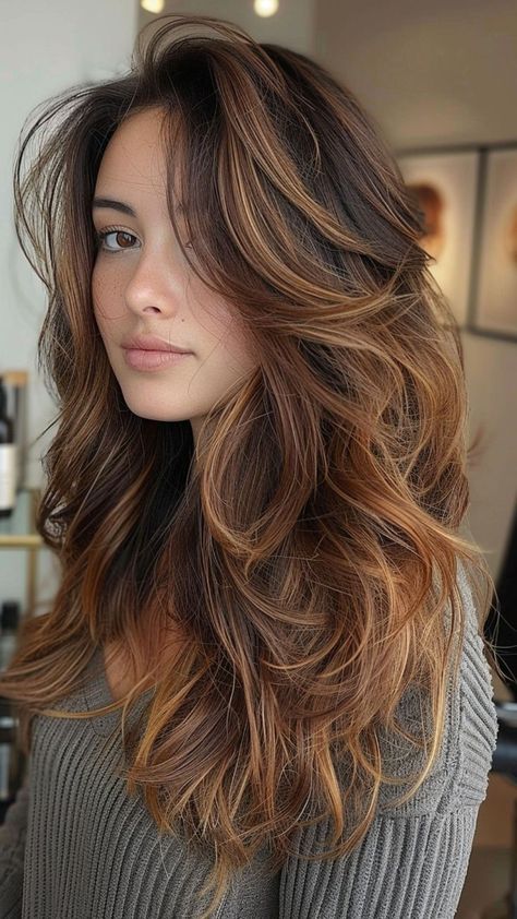 Lighter Tips On Brown Hair, Balayage Hair Color For Brunettes, Copper Caramel Balayage, Brown Amber Hair, Wavy Balayage Hair, Dark Auburn Highlights, Chocolate Brown Hair With Dimension, Brown And Caramel Balayage, Hair Color For Hazel Eyes