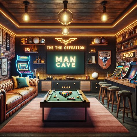 An inviting blend of luxury and excitement, this man cave features a plush leather couch with a flat-screen TV. Catch thrills with the arcade machine and billiards table. Vintage novelty accents fill the room with nostalgia. The wooden bar serves as the exciting centerpiece stocked with drinks. #ManCave #InteriorDesign #HomeImprovement #GameRoom #LoungeDecor #BarDesign Arcade Man Cave, Vintage Arcade Games, Cabin Gameroom, Speakeasy Decor Bar, Teen Lounge Rooms, Best Man Caves, Speakeasy Decor, Garage Game Rooms, Small Game Rooms