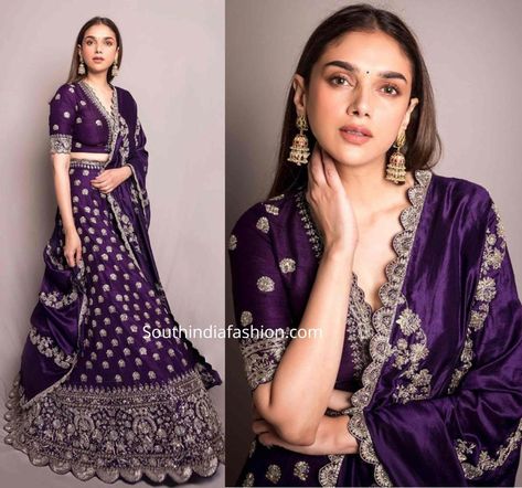 Aditi Rao Hydari Purple Lehenga, Makeup On Purple Outfit, Jayanthi Reddy Lehenga, Jayanthi Reddy Sarees, Jayanthi Reddy Blouses, Jayanti Reddy Blouses, Purple Blouse Designs For Saree, Purple Dress Indian, Purple Lehenga Designs