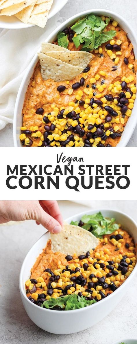 This Vegan Street Corn Queso Dip is the ultimate healthy appetizer for your next get-together!Made with our delicious vegan queso + sweet corn and black beans, and then baked to cheezy perfection, this queso dip can't be beat. Street Corn Queso, Corn Queso Dip, Vegan Street Corn, Corn Queso, Dip Healthy, Vegan Apps, Vegan Queso, Fit Foodie Finds, Healthy Appetizer