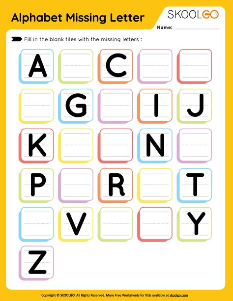 Alphabet Missing Letter - Free Worksheet for Kids - SKOOLGO Activity Sheet For Kindergarten, Nursery Alphabet Worksheet, Alphabet Missing Letters, Alphabet Fun Activities, Free Preschool Worksheets Pdf, Missing Letters Worksheet Free Printable, Alphabet Missing Letter Worksheet, Abcd Worksheet For Kids, Missing Alphabets Worksheet