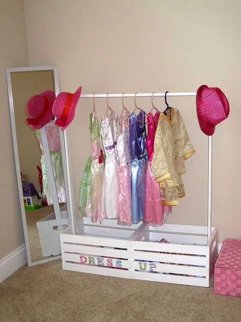 DIY dress up closet made with 2 wood crates from any craft store. No tools! used industrial strength glue to hold these pieces together Dress Up Corner, Dress Up Stations, Dress Up Closet, Dress Up Storage, Boys Diy, Closet Organization Diy, Baby Diy, Toy Rooms, Clothes Rack