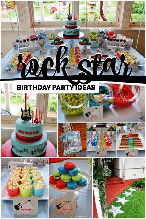 Guitar Rock Star 4th Birthday Music Birthday Party Theme, Music Themed Birthday Party, Music Themed Birthday, Rock Star Birthday Party, Rock And Roll Birthday Party, Guitar Party, Music Birthday Party, Rock And Roll Birthday, Music Theme Birthday