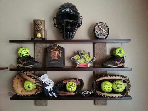 Softball Trophy Display Ideas, Softball Display Ideas, Kids Trophy Display Ideas, Softball Bedroom Ideas, Softball Room Ideas, Trophy Display Ideas, Softball Display, Softball Room Decor, Softball Bedroom