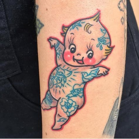 Tattoo uploaded by Tattoodo | Tattoo by Jori Lakars #JoriLakars #kewpietattoo #kewpiedolltattoo #kewpie #kewpiedoll #cutie #baby #tattooed #rose #heart #tiger #oldschool | 699727 | Tattoodo Traditional Kewpie Doll Tattoo, Traditional Baby Tattoo, Traditional Tattoo Baby, Kewpie Tattoo, Kewpie Art, Desenhos Old School, Baby Tattoo, Cherub Tattoo, Doll Tattoo