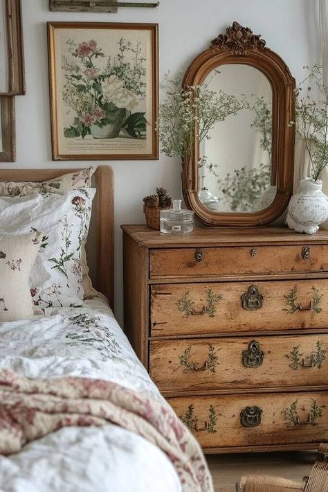 A harmonious mix of vintage treasures and modern accents, this eclectic boho bedroom idea features antique mirrors, trunks, and minimalist furniture unified by soft pastels and light wood tones. Click to uncover more eclectic boho bedroom ideas for timeless boho blends. Cottage Core Dresser Decor, Antique Room Decor Bedroom, French Antiques Decor, Bedroom European Style, Cottage Core Bedroom Furniture, Vintage Boho Bedroom Ideas, Modern And Antique Mix Bedroom, French Boho Bedroom, Whimsical Minimalist Decor