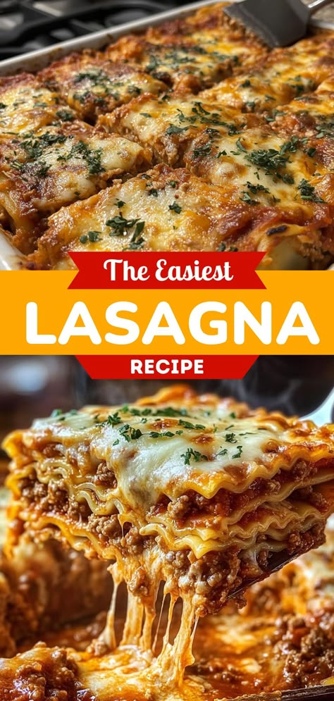 This Easiest Lasagna Recipe is perfect for a quick and delicious dinner! With layers of pasta, cheese, and rich tomato sauce, this easy lasagna is a family favorite. It’s simple to make and great for weeknight meals or gatherings. Try this comforting dish that everyone will love! Lasagna Recipe For Beginners, Easy Dinner Recipe Crockpot, 9x13 Lasagna Recipe, Recipes For Lasagna Easy, Easy Baked Lasagna, Easy Good Lasagna Recipe, Crazy Good Lasagna, Easy Simple Dinner Recipes For Two, Rao’s Lasagna Recipe