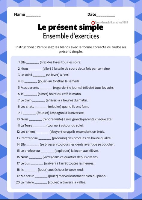 French Exercises Worksheets, French Present Tense, Tenses Exercises, Useful French Phrases, Learn French Beginner, French Conversation, Basic French, Basic French Words, French Worksheets