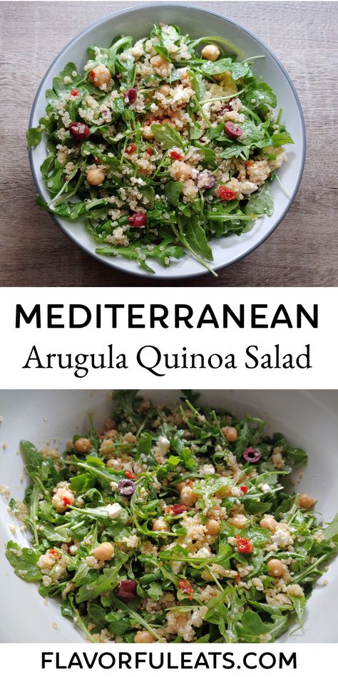 Flavor-packed Mediterranean ingredients like kalamata olives and feta cheese combined with arugula, chickpeas and quinoa all tossed in a homemade sun-dried tomato vinaigrette makes Mediterranean Arugula Quinoa Salad a delectable, healthy salad that’s a perfect summertime meal or BBQ side dish. Mediterranean Ingredients, Mediterranean Vegan, Tomato Vinaigrette, Bbq Side Dish, Dairy Free Salads, Bbq Side, Yummy Salads, Bbq Sides, Side Dishes For Bbq